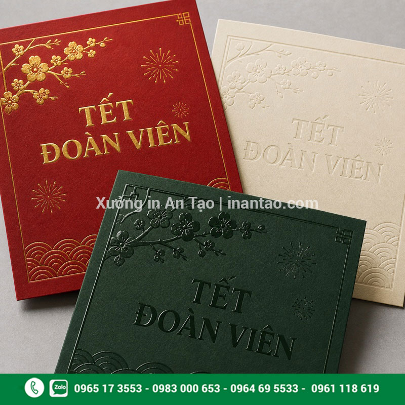 Chất liệu và gia công in thiệp chúc Tết cao cấp Mẫu in thiệp chúc Tết trên giấy mỹ thuật ép kim và dập nổi