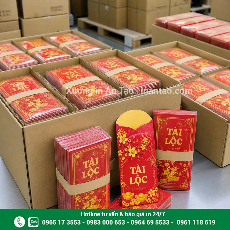 In bao lì xì giá sỉ và đóng gói theo lô Đóng gói đơn in bao lì xì giá sỉ trong thùng carton