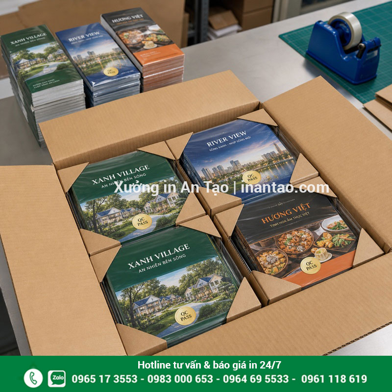 Brochure thành phẩm được kiểm tra và đóng gói Đóng gói đơn in brochure giá rẻ tphcm hoàn chỉnh