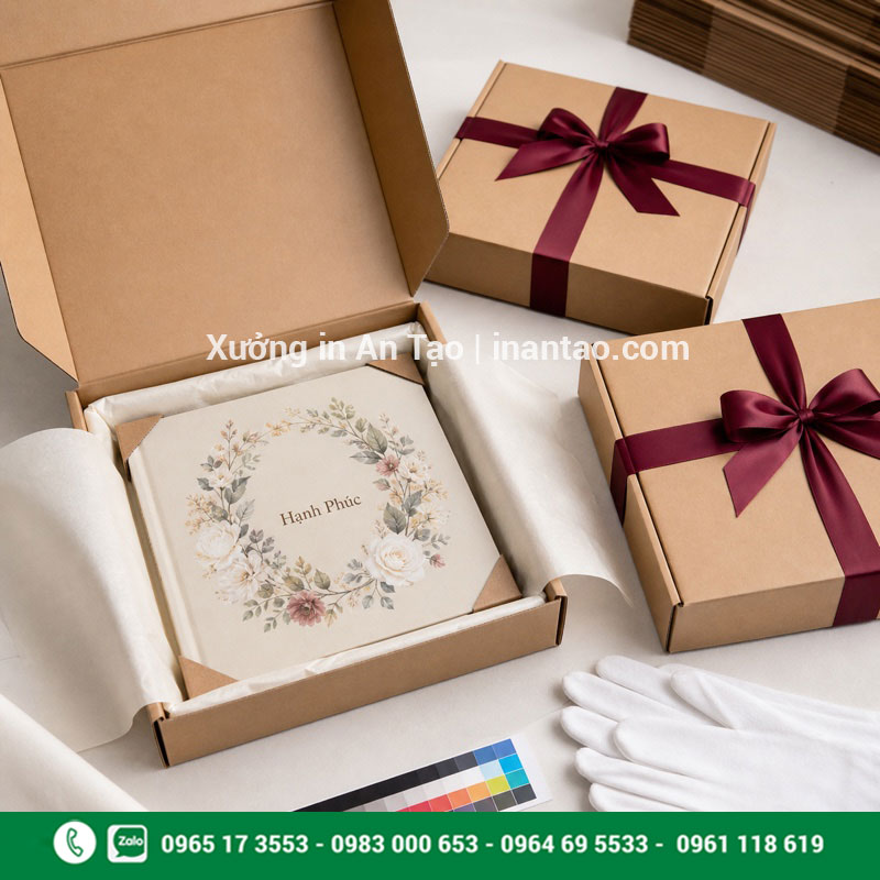 Đóng gói photobook thành phẩm Photobook thành phẩm được kiểm tra và đóng hộp bảo vệ