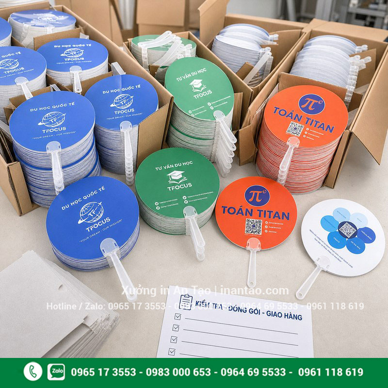 Kiểm tra và đóng gói quạt giấy in theo yêu cầu Đóng gói số lượng lớn quạt giấy in theo yêu cầu tại xưởng