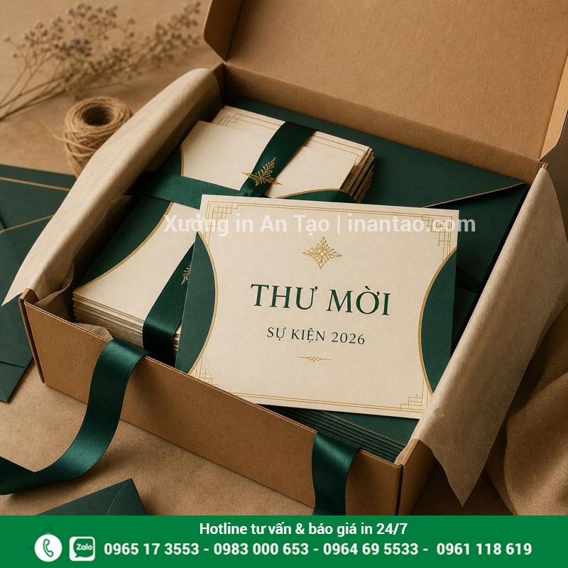 Bộ thiệp mời sự kiện được đóng gói tại xưởng Đóng gói bộ thiệp mời sự kiện hoàn chỉnh để giao khách