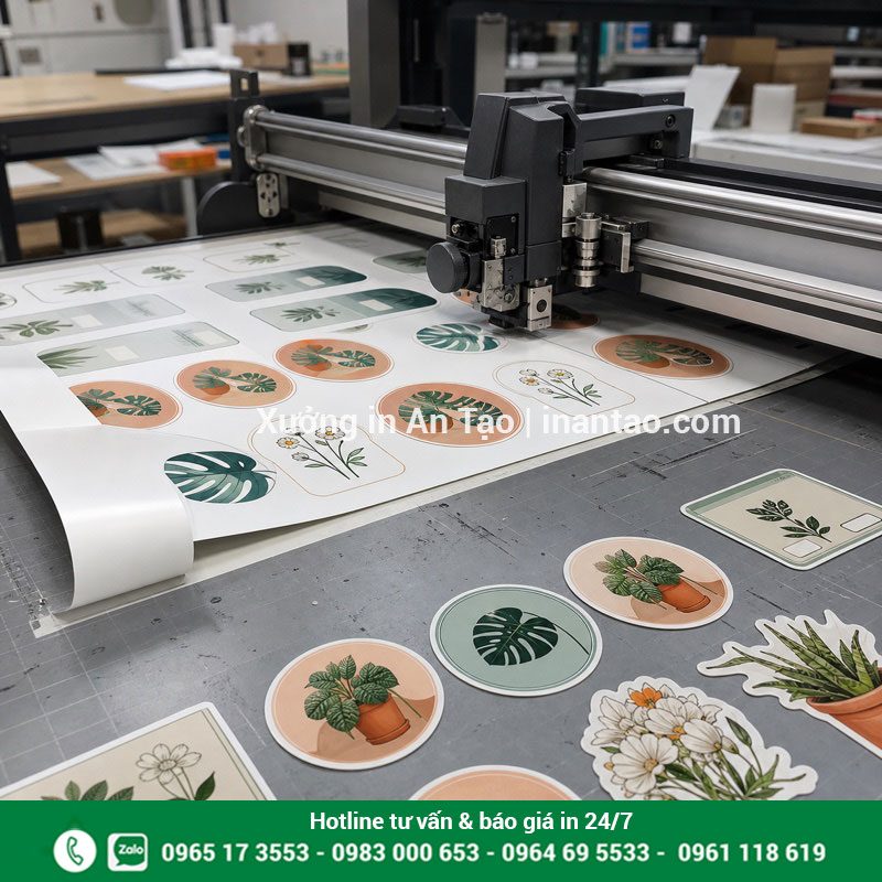 Gia công bế demi tem decal chính xác Máy bế demi cắt đường viền tem decal sau khi in