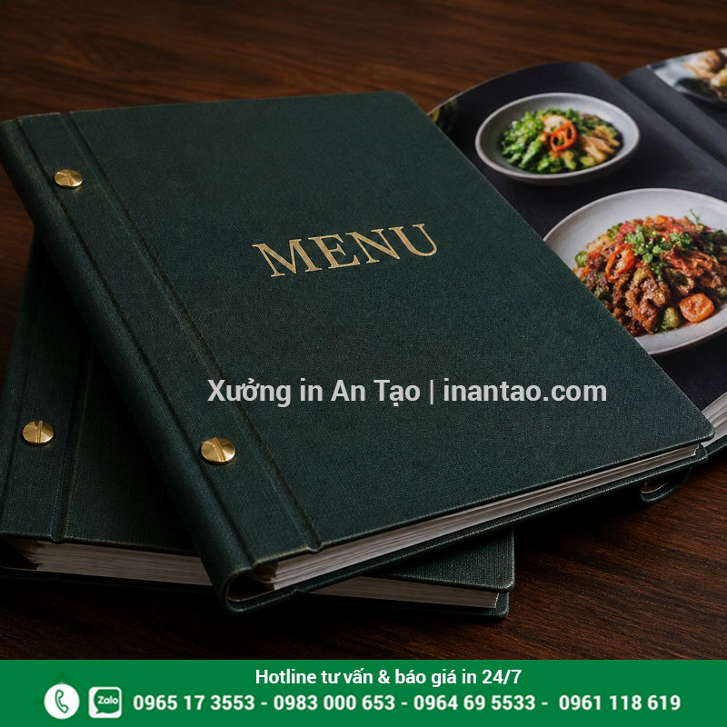 Gia công in menu bìa cứng chắc đẹp Chi tiết gia công menu bìa cứng ép nhũ đóng ốc