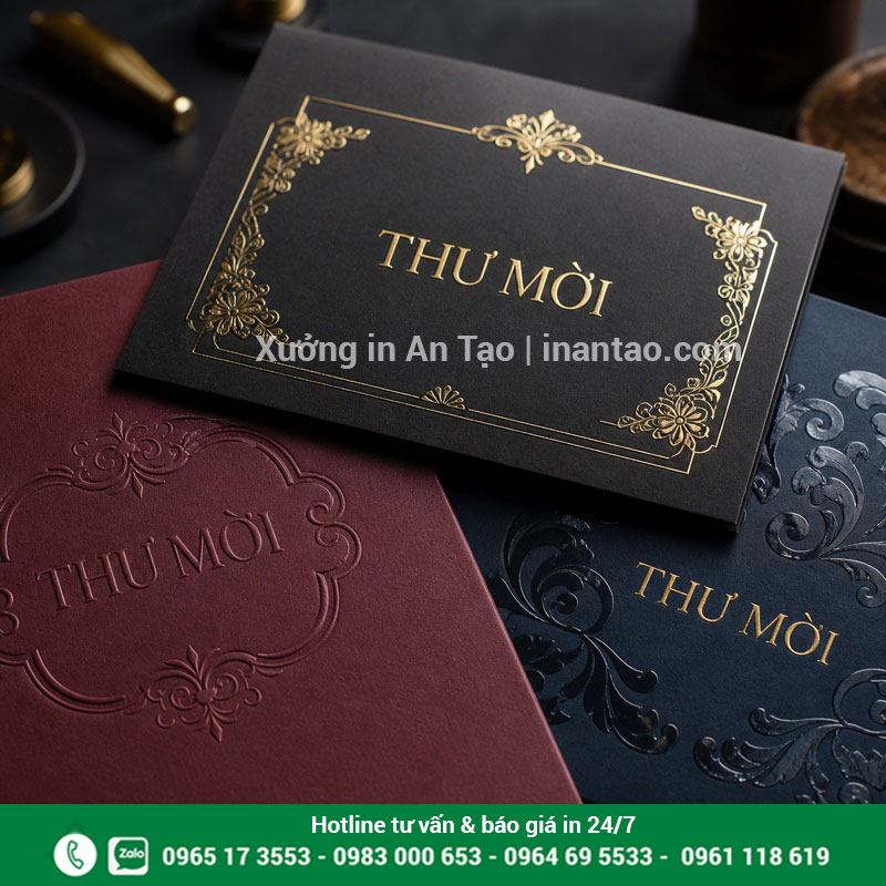 Gia công thiệp mời cao cấp bằng ép kim dập nổi phủ UV Chi tiết ép kim dập nổi và phủ UV trên thiệp mời