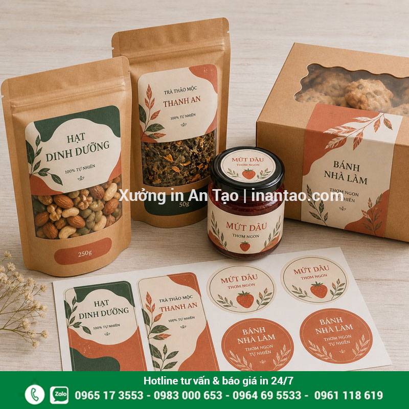 In decal giấy dán bao bì thực phẩm Tem decal giấy in màu dán túi thực phẩm hũ mứt và hộp bánh