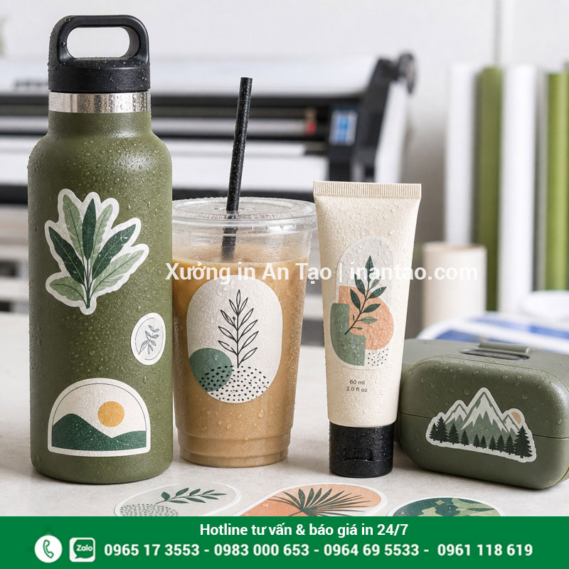 In decal sticker chống nước bền màu Sticker decal nhựa chống nước dán bình ly và mỹ phẩm