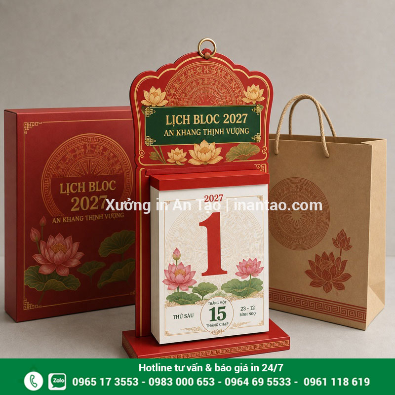 In lịch bloc theo yêu cầu tại xưởng inthiepcuoi.net Mẫu in lịch bloc hoàn chỉnh kèm hộp và túi quà