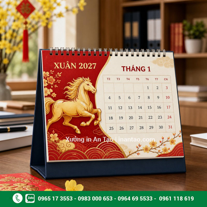 In lịch để bàn đẹp theo yêu cầu tại inthiepcuoi.net Mẫu in lịch để bàn Tết thiết kế đỏ vàng sang trọng