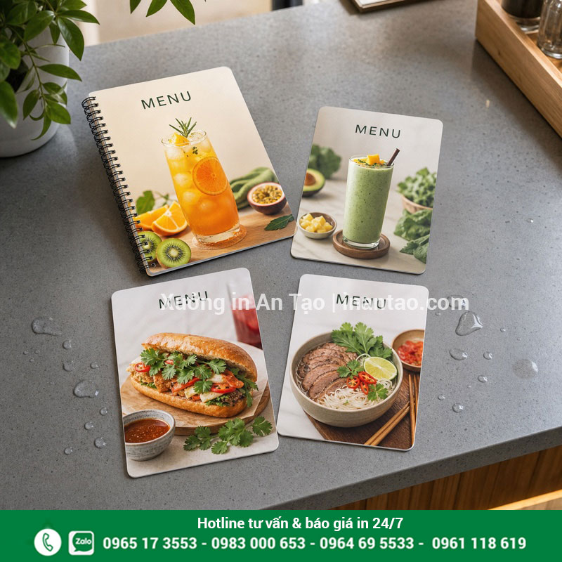 Mẫu in menu giấy nhựa bền đẹp dễ lau chùi In menu giấy nhựa chống nước dạng tờ và đóng lò xo