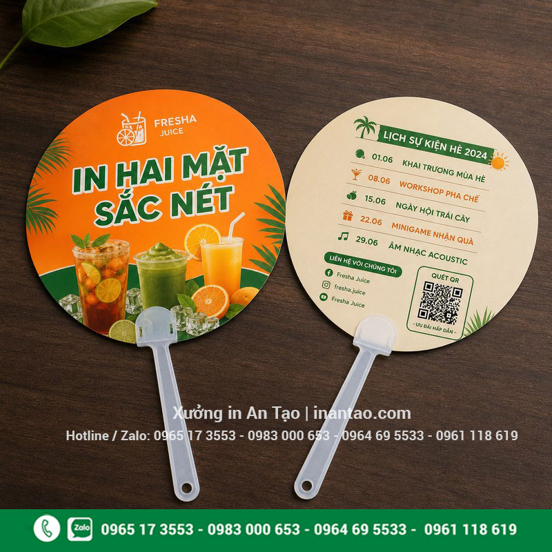 Mẫu in quạt giấy hai mặt sắc nét In quạt giấy hai mặt với nội dung thương hiệu và mã QR sắc nét