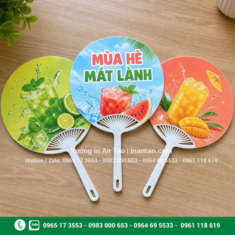 Mẫu in quạt nhựa cầm tay tròn In quạt nhựa cầm tay mẫu tròn với thiết kế mùa hè
