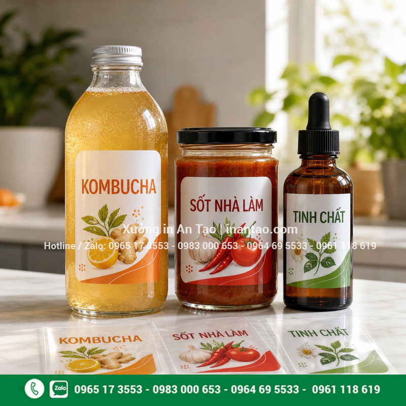 In tem nhãn decal trong cho chai lọ In tem nhãn decal trong dán chai nước sốt và mỹ phẩm