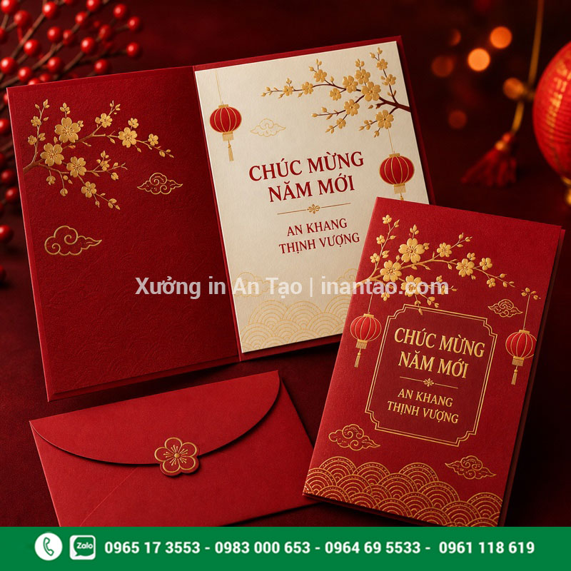 In thiệp Tết theo yêu cầu hoàn thiện tại xưởng Bộ in thiệp Tết theo yêu cầu màu đỏ vàng kèm bao thư