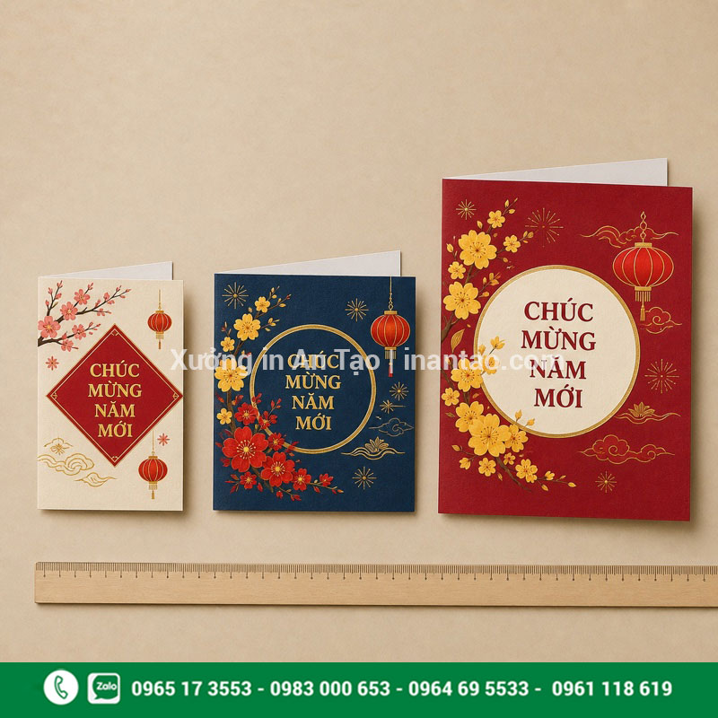 Kích thước in thiệp Tết từ nhỏ gọn đến trang trọng So sánh ba kích thước in thiệp Tết thông dụng