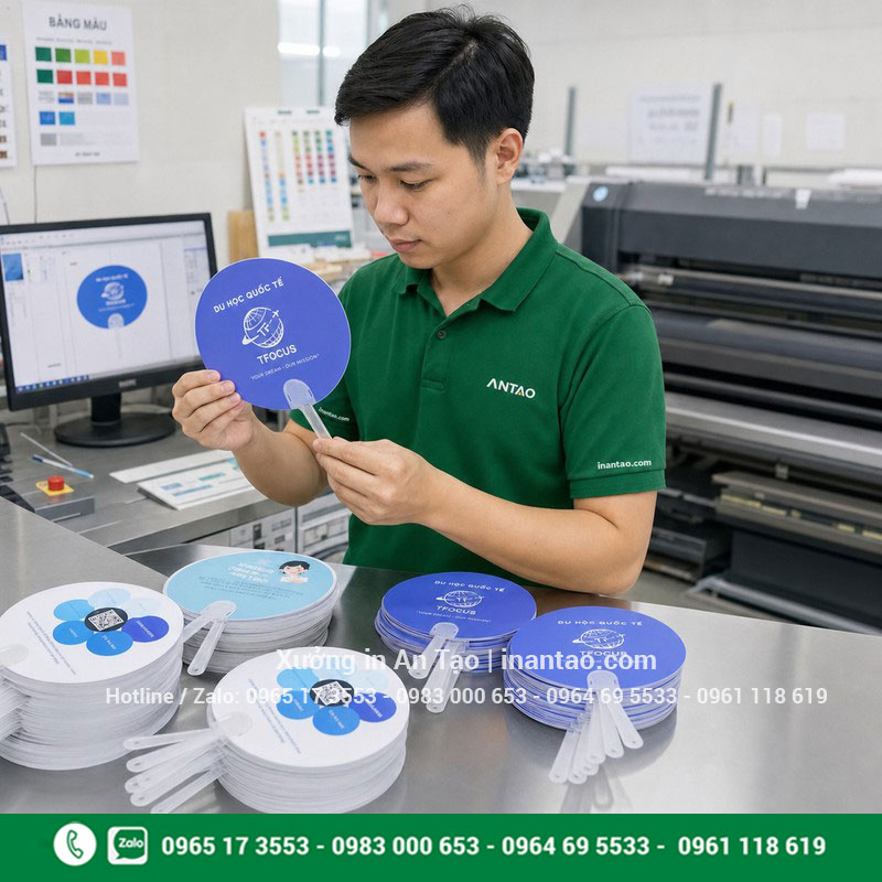 Kiểm tra quạt giấy in logo tại xưởng Kỹ thuật viên kiểm tra quạt giấy in logo tại xưởng in