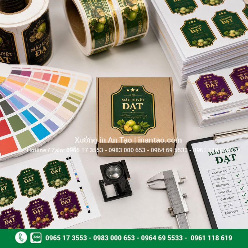Kiểm tra chất lượng tem nhãn trước giao hàng Kiểm tra màu sắc kích thước và đường bế tem nhãn thành phẩm