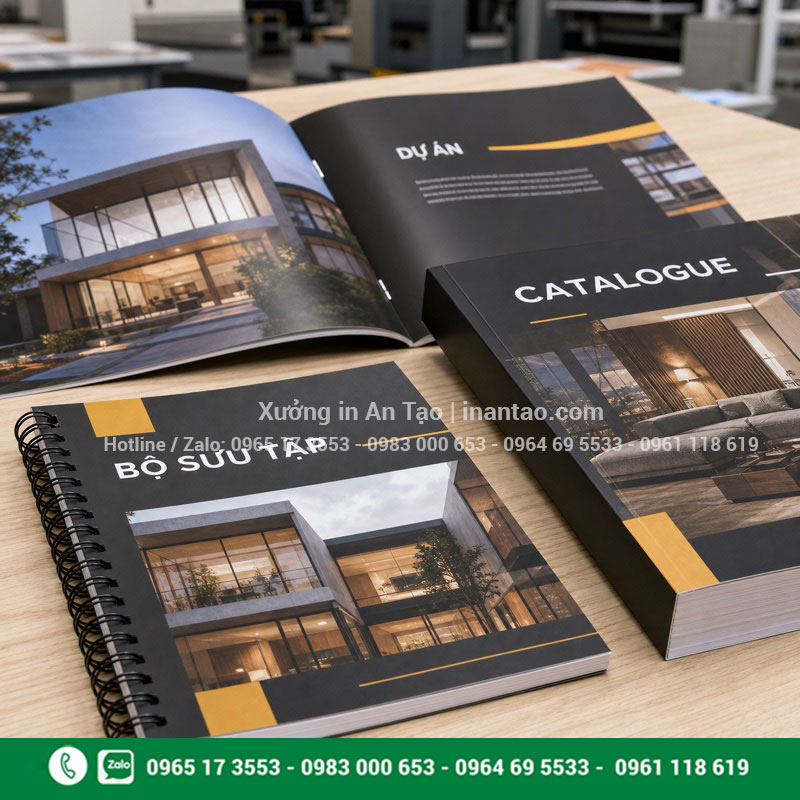 So sánh các kiểu đóng cuốn catalogue Catalogue thành phẩm đóng ghim giữa, keo gáy và lò xo