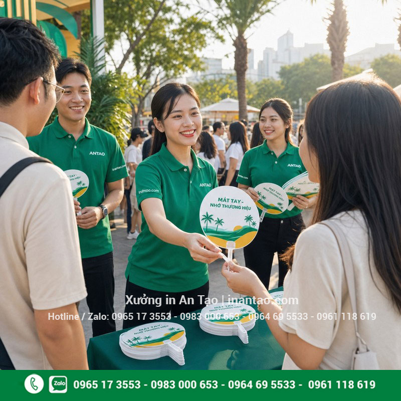 Quạt giấy quảng cáo dùng tại sự kiện Nhân viên Việt Nam phát quạt giấy quảng cáo tại sự kiện ngoài trời