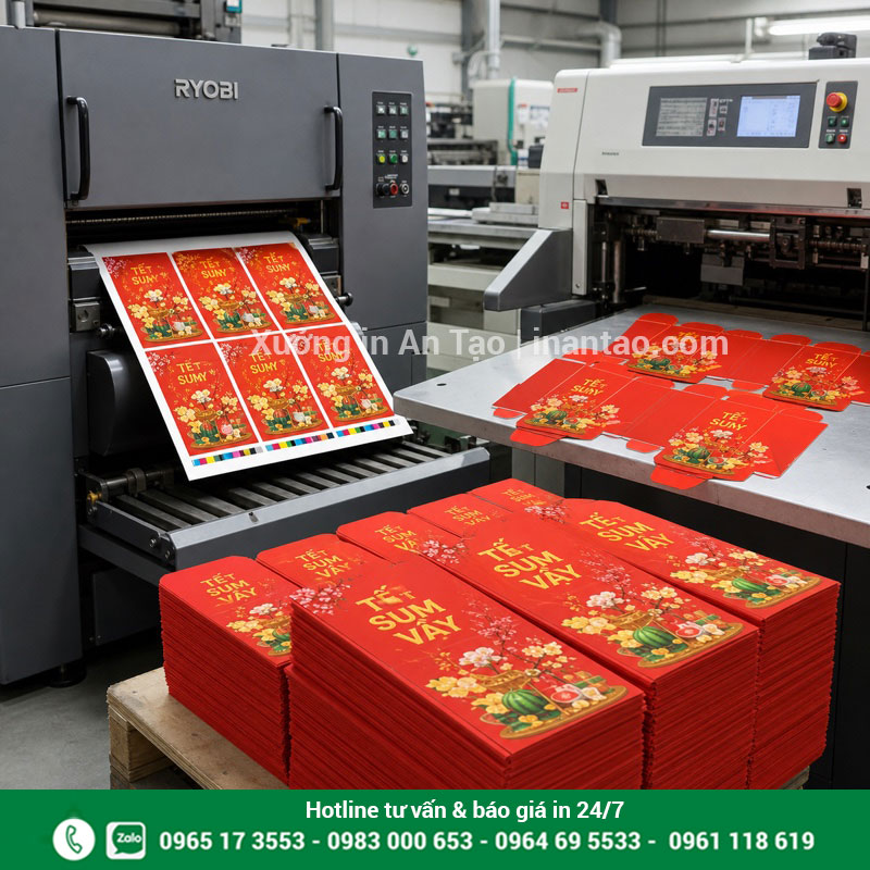 Quy trình in bao lì xì từ file đến thành phẩm Quy trình in bế dán bao lì xì tại xưởng sản xuất