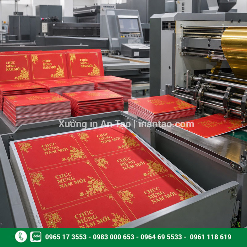 Quy trình in thiệp Tết từ bản in đến thành phẩm Quy trình in thiệp Tết bằng máy và gia công ép kim tại xưởng