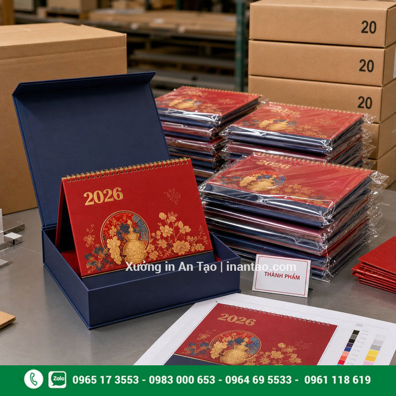 Thành phẩm in lịch Tết để bàn sẵn sàng giao khách Thành phẩm in lịch Tết để bàn được kiểm tra và đóng gói