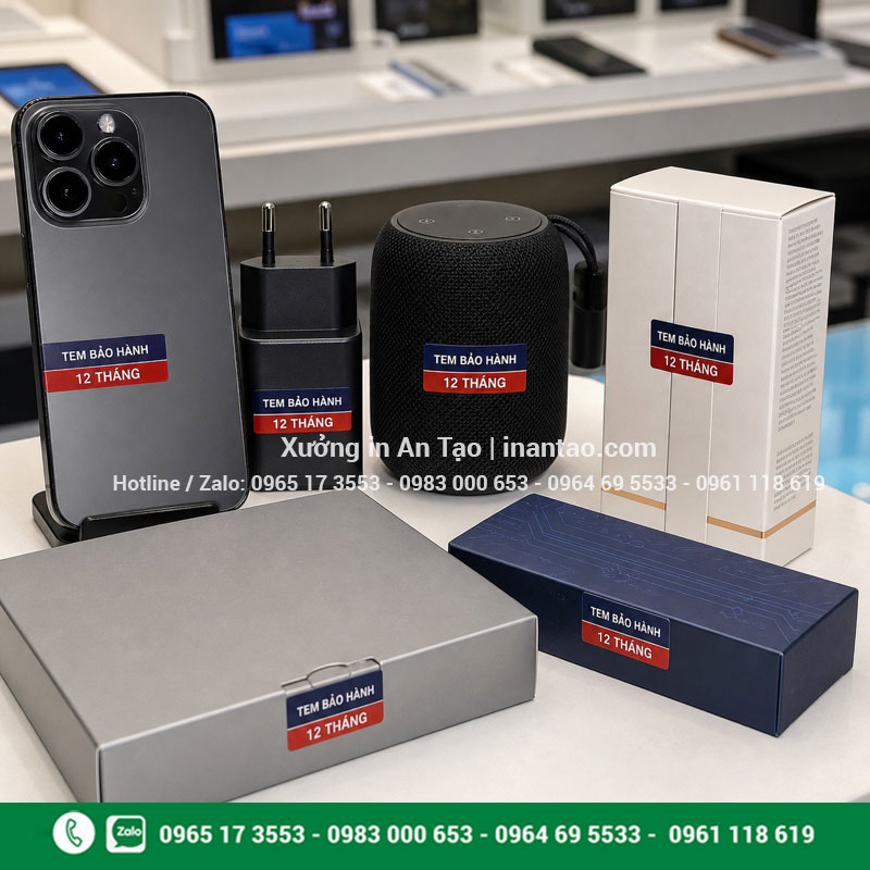 Ứng dụng tem bảo hành trên sản phẩm Tem bảo hành dán trên điện thoại bộ sạc loa và hộp sản phẩm