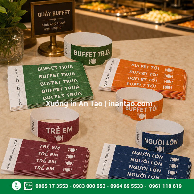 Mẫu in vòng đeo tay cho buffet Vòng đeo tay quản lý khách tham gia buffet theo ca và nhóm tuổi