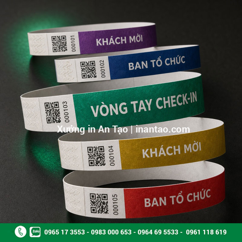 Vòng tay giấy check in có dữ liệu biến đổi Vòng tay check in sự kiện in QR và số nhảy riêng
