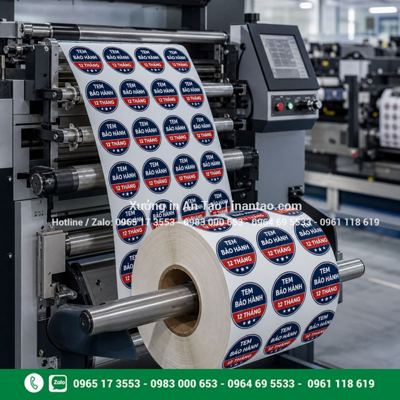Xưởng in tem bảo hành hiện đại Xưởng in tem bảo hành với máy in và bế cuộn tem hoàn chỉnh
