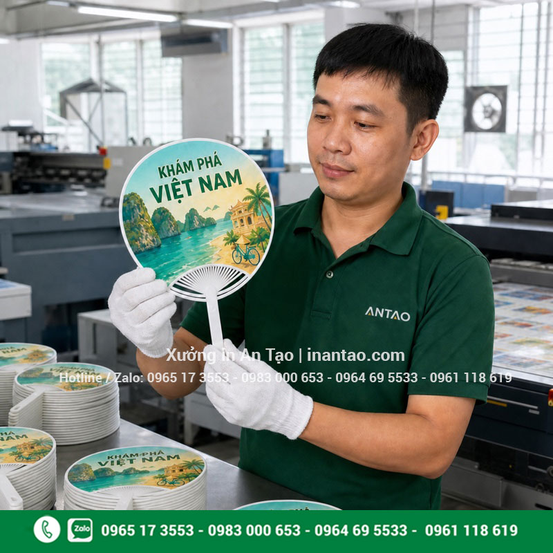 Xưởng sản xuất quạt nhựa inthiepcuoi.net Xưởng sản xuất quạt nhựa với nhân viên An Tạo kiểm tra quạt in hoàn thiện