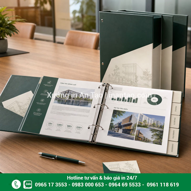 Bìa còng cho hồ sơ năng lực và tài liệu bán hàng Bìa còng đựng hồ sơ năng lực doanh nghiệp trên bàn họp