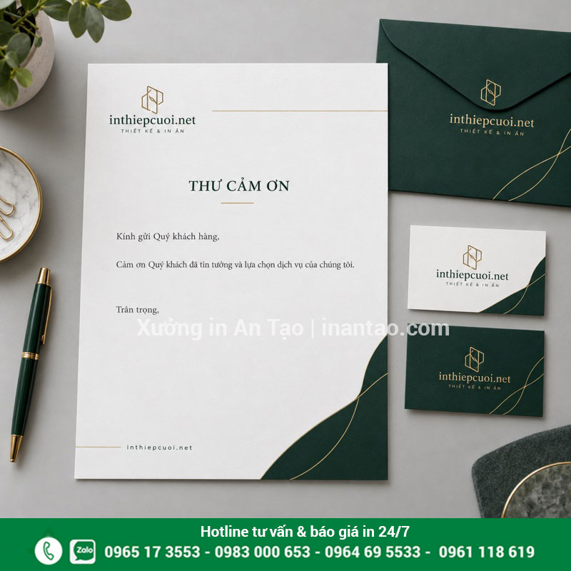 Bộ ấn phẩm văn phòng đồng bộ thiết kế Bộ giấy tiêu đề, bao thư và danh thiếp đồng bộ màu xanh lá của inthiepcuoi.net