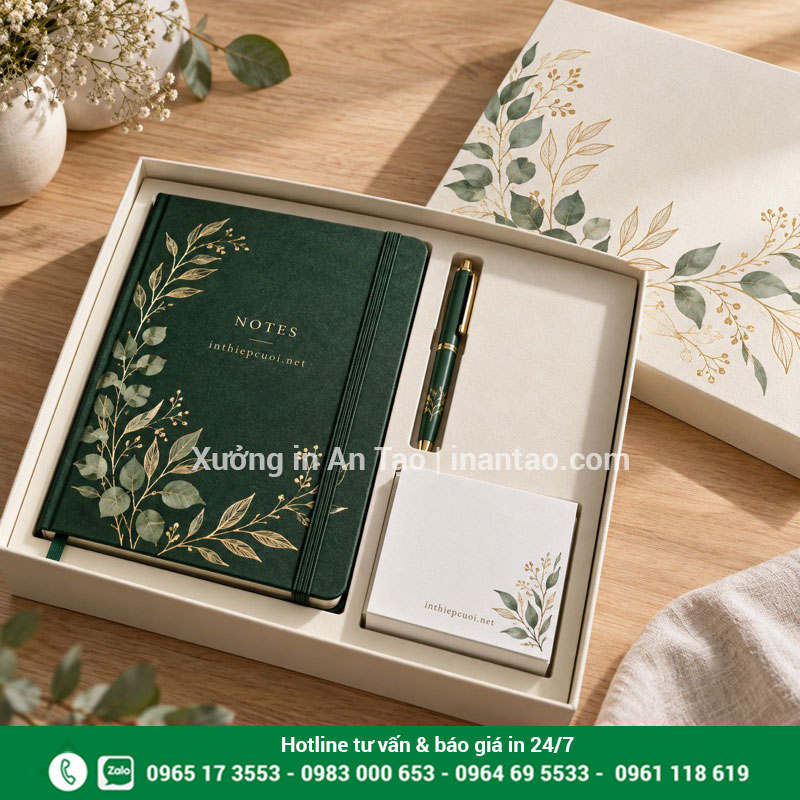 Gợi ý bộ sổ note làm quà tặng doanh nghiệp Bộ quà tặng gồm sổ note bìa xanh, bút và tập giấy nhỏ trong hộp