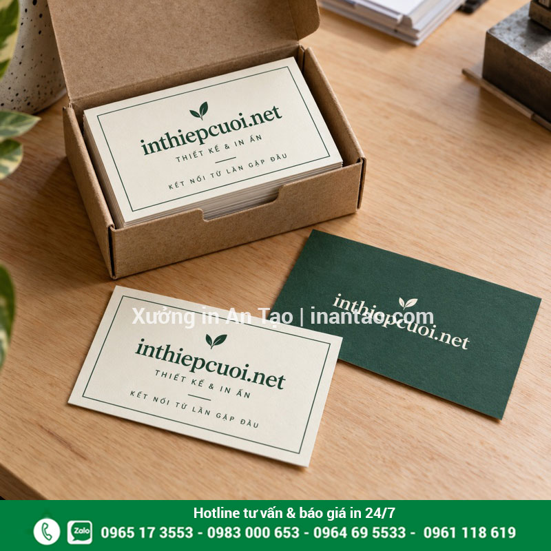 Danh thiếp số lượng ít với thiết kế đồng bộ Danh thiếp màu kem đựng trong hộp giấy cùng mẫu mặt sau xanh lá