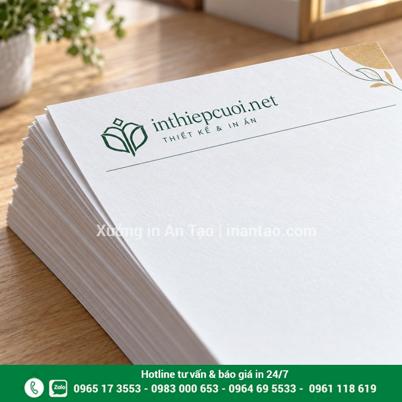 Bề mặt giấy dùng cho tiêu đề thư doanh nghiệp Cận cảnh chồng giấy tiêu đề bề mặt mờ với logo xanh lá được in trên đầu trang