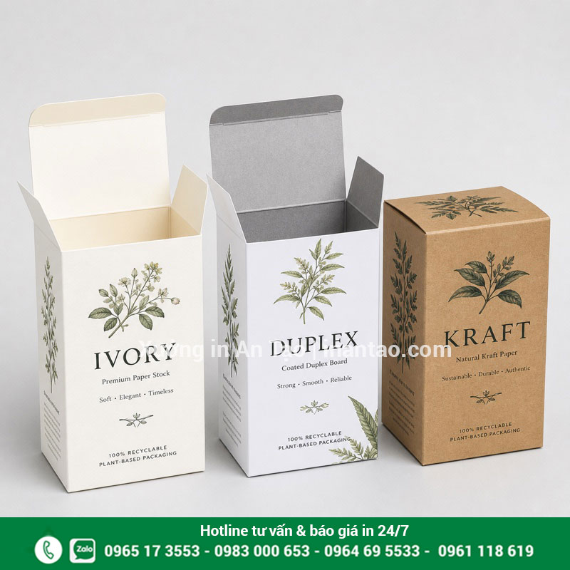 Chất liệu giấy phổ biến để in hộp So sánh hộp giấy Ivory Duplex và Kraft có thiết kế in hoàn chỉnh