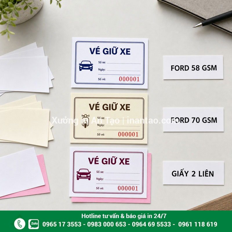 Chất liệu giấy dùng để in phiếu giữ xe So sánh giấy Ford 58 gsm, Ford 70 gsm và giấy hai liên in phiếu giữ xe