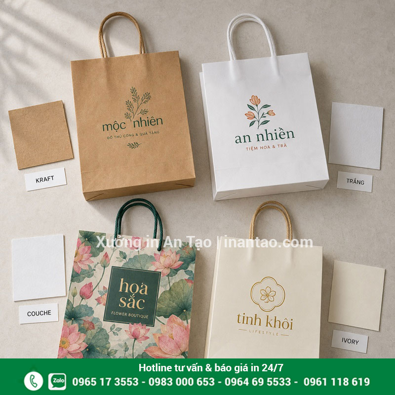 Chất liệu dùng để in túi giấy theo yêu cầu So sánh giấy kraft, kraft trắng, Couche và Ivory để in túi giấy