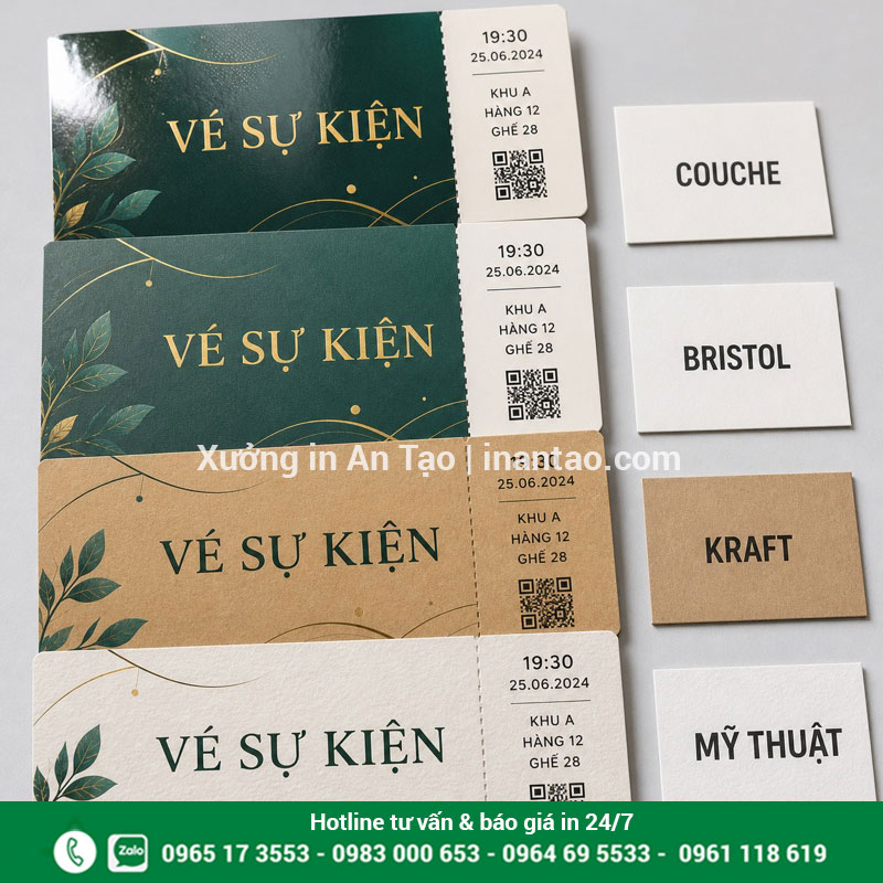 Các chất liệu giấy in vé sự kiện phổ biến So sánh chất liệu giấy Couche Bristol Kraft và mỹ thuật để in vé