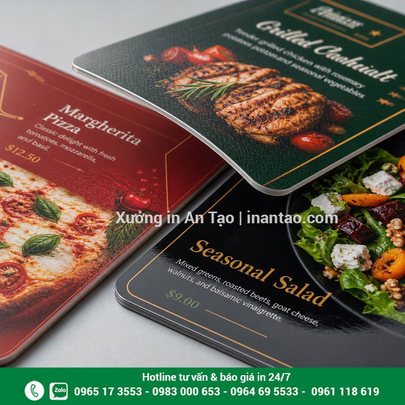 Chất liệu và bề mặt menu nhựa PVC Cận cảnh bề mặt bóng mờ và độ dày menu nhựa PVC