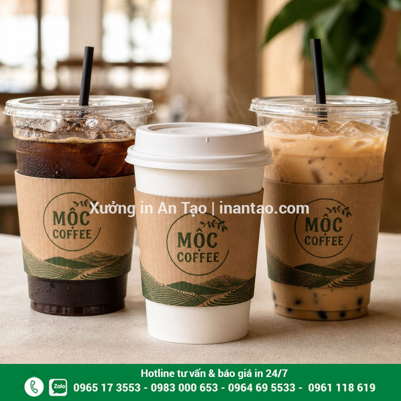 Cover ly giấy in logo theo yêu cầu tại inthiepcuoi.net Cover ly giấy in logo Mộc Coffee cho ly nóng và ly lạnh