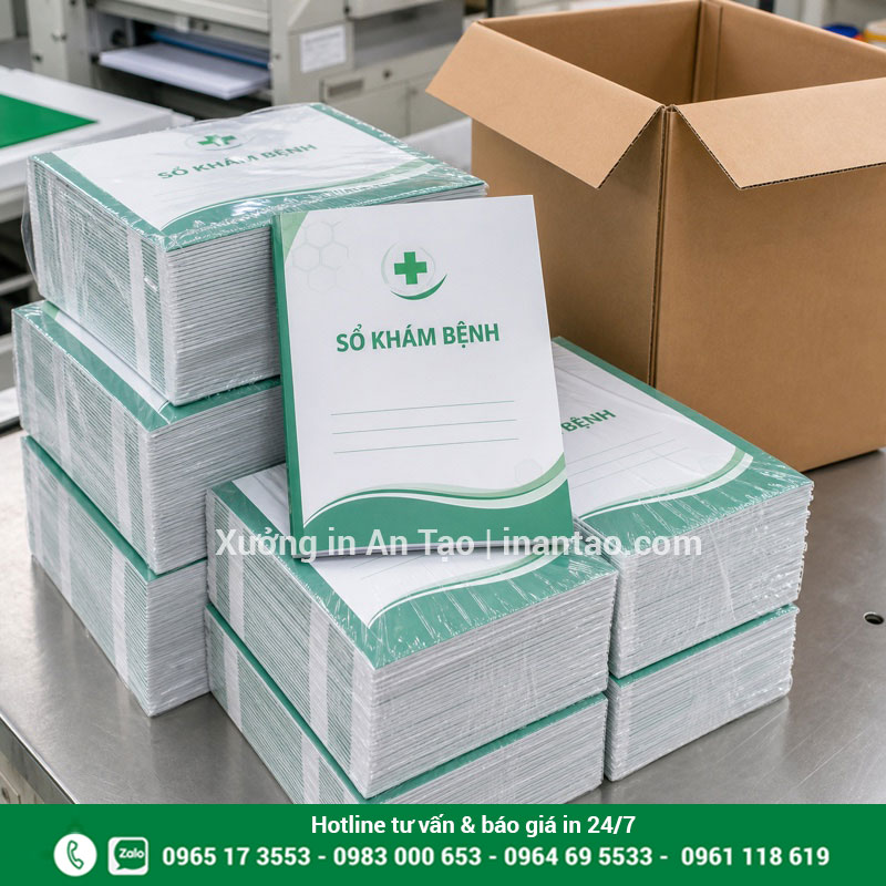 Đóng gói đơn in sổ khám bệnh số lượng lớn Các xấp sổ khám bệnh được đóng gói trước khi giao