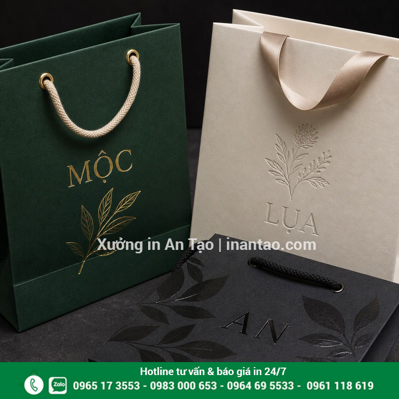 Các kiểu gia công túi giấy cao cấp Túi giấy ép kim, dập nổi và phủ UV sau khi in hoàn thiện
