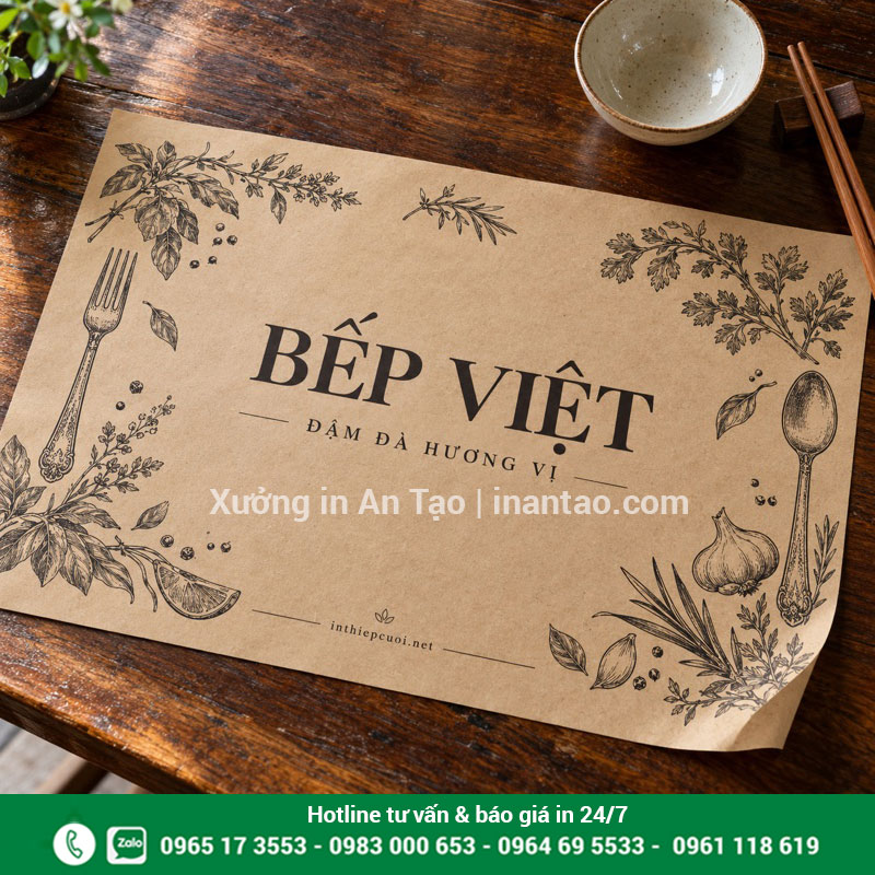 Mẫu giấy lót bàn ăn kraft in một màu Giấy kraft nâu in chữ Bếp Việt và hình rau gia vị bằng mực đen