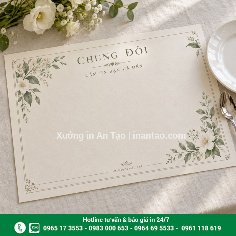 Thiết kế giấy lót bàn tiệc cưới đồng bộ chủ đề Tờ lót bàn tiệc cưới màu kem in chữ Chung Đôi và hoa lá xanh nhạt