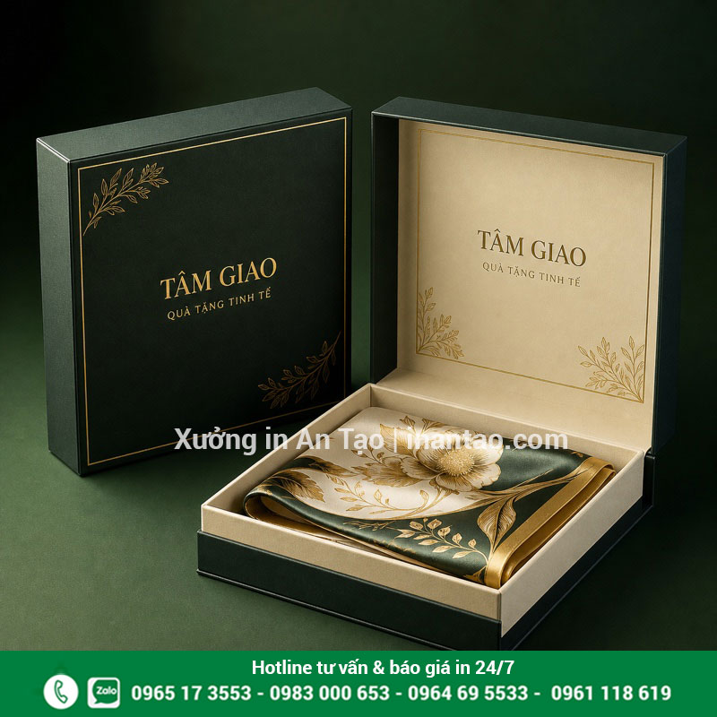 Hộp quà tặng bồi cứng và ép kim tinh tế Hộp giấy quà tặng cao cấp màu xanh ép kim có nắp mở