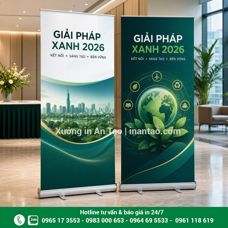 In banner roll-up theo yêu cầu cho hội nghị Cặp banner roll-up in sắc nét dùng tại sảnh sự kiện
