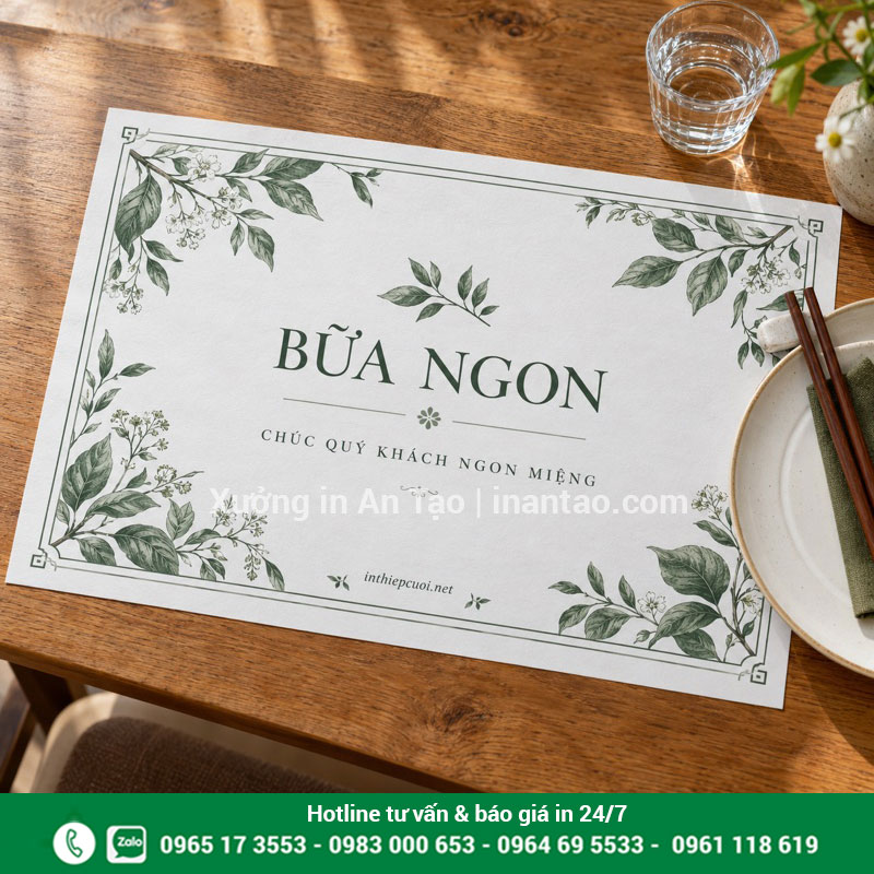 Mẫu in giấy lót bàn nhà hàng tại inthiepcuoi.net Mẫu giấy lót bàn trắng in họa tiết lá xanh và lời chúc ngon miệng trên bàn gỗ