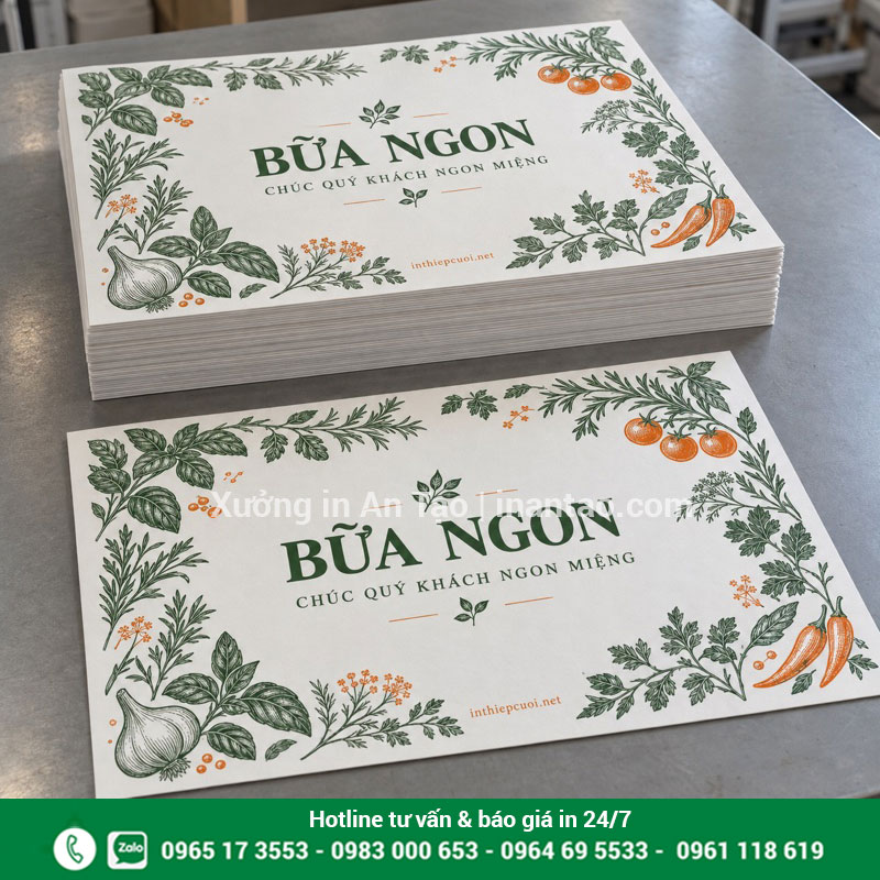 Minh họa thành phẩm in giấy lót bàn cắt rời Chồng tờ lót bàn in họa tiết xanh cam được cắt rời và xếp ngay ngắn